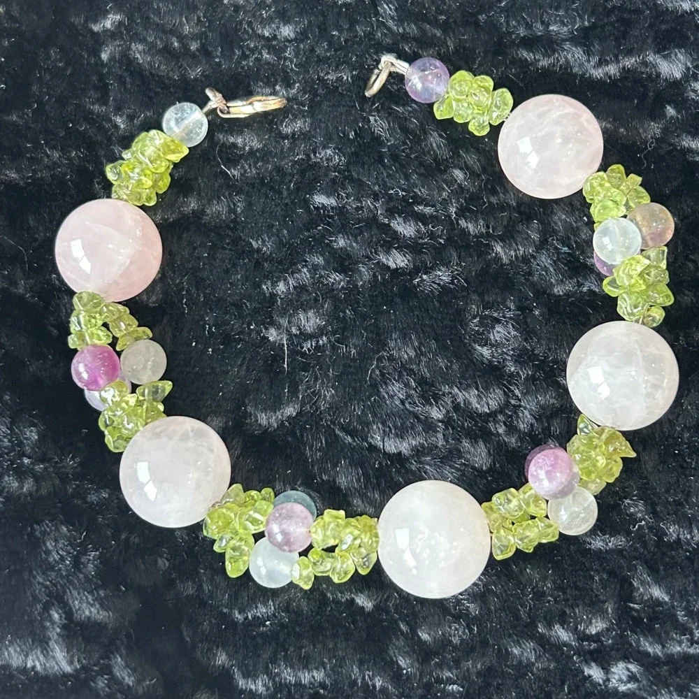Sterling Silver Rose Quartz Peridot Amethyst Beaded Bracelet 7.5 Inch 925 Clasp